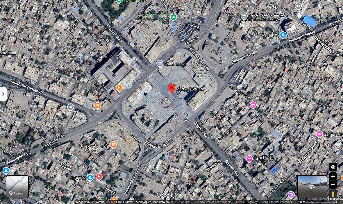 نمای ماهوارهای میدان شهدا و بافت پیرامون در نقشههای گوگل؛ تصویر صفحه در ۱۷ اکتبر ۲۰۲۶ ثبت شده است. تاریخ تصویربرداری ماهوارهای در این نما مشخص نیست.